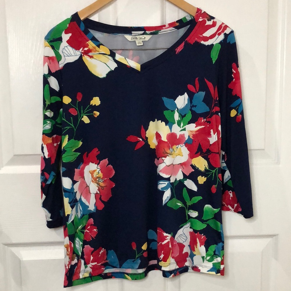 THE PIONEER WOMAN navy blue red floral print V-neck blouse size Small